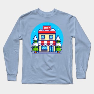 Shop Building In Winter Cartoon Long Sleeve T-Shirt